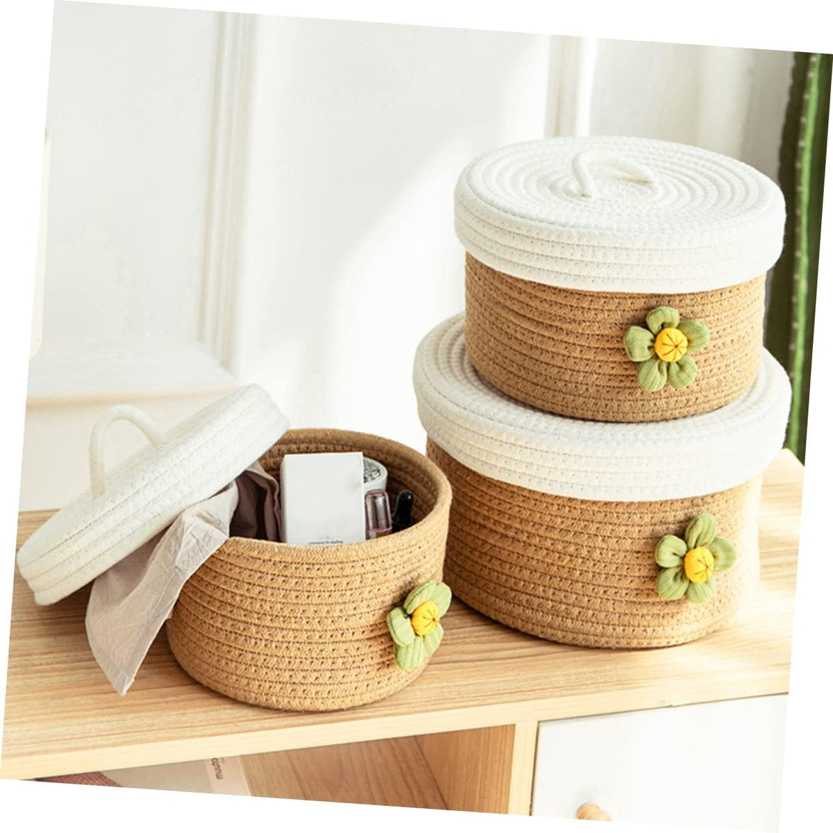 Woven and Cotton Rope for Storage Basket with Lid Toys Sundries