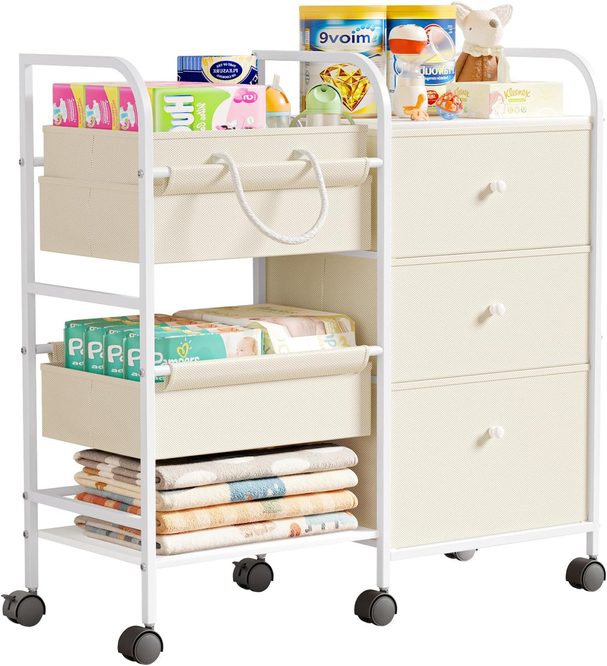 2in1 Baby Diaper Caddy Organizer and Storage Cart with Dividers and Drawers