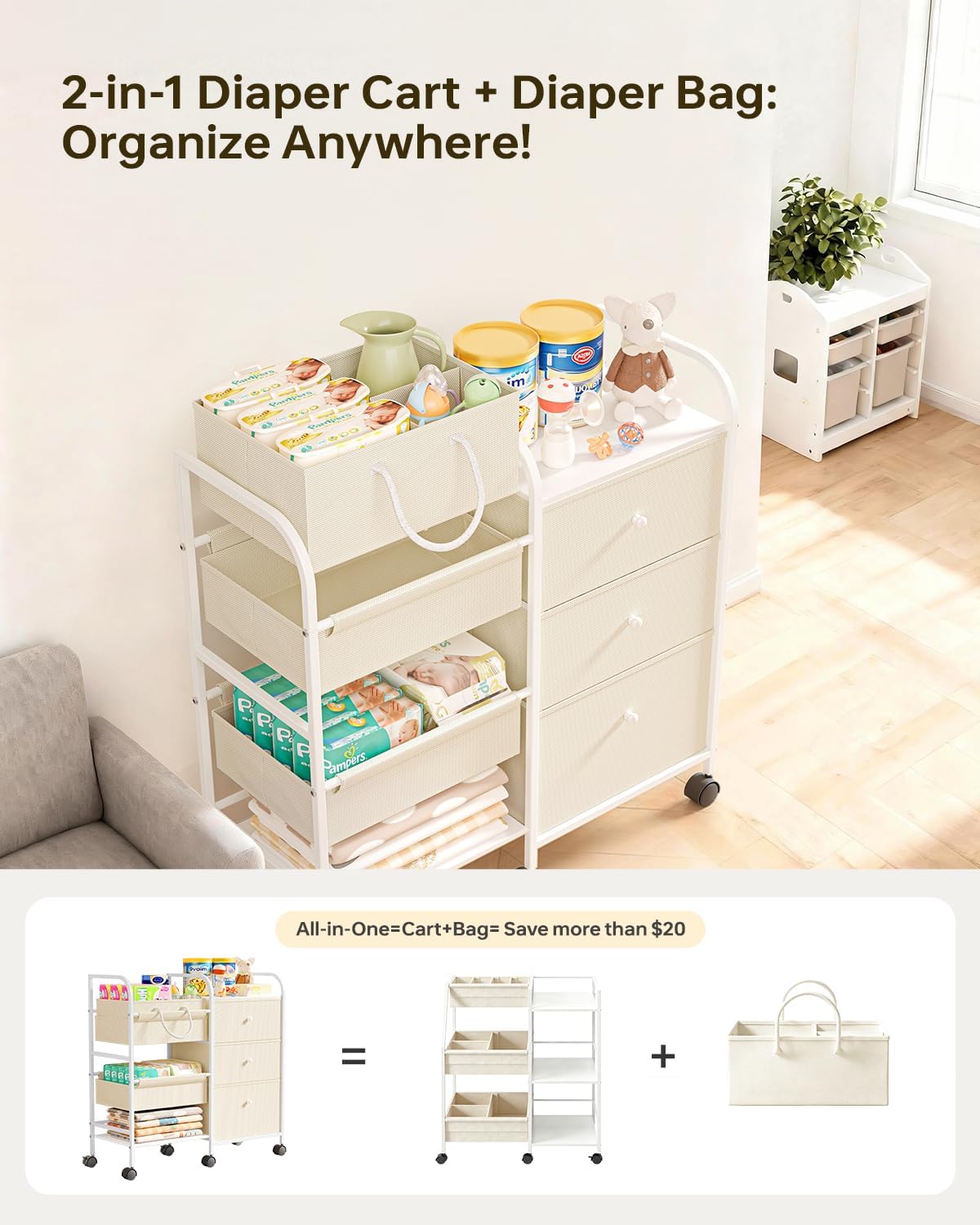 2in1 Baby Diaper Caddy Organizer and Storage Cart with Dividers and Drawers