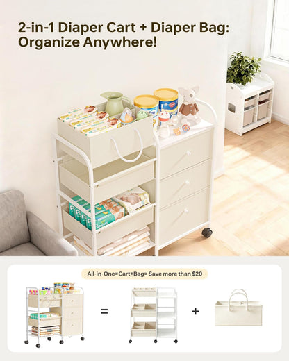 2in1 Baby Diaper Caddy Organizer and Storage Cart with Dividers and Drawers