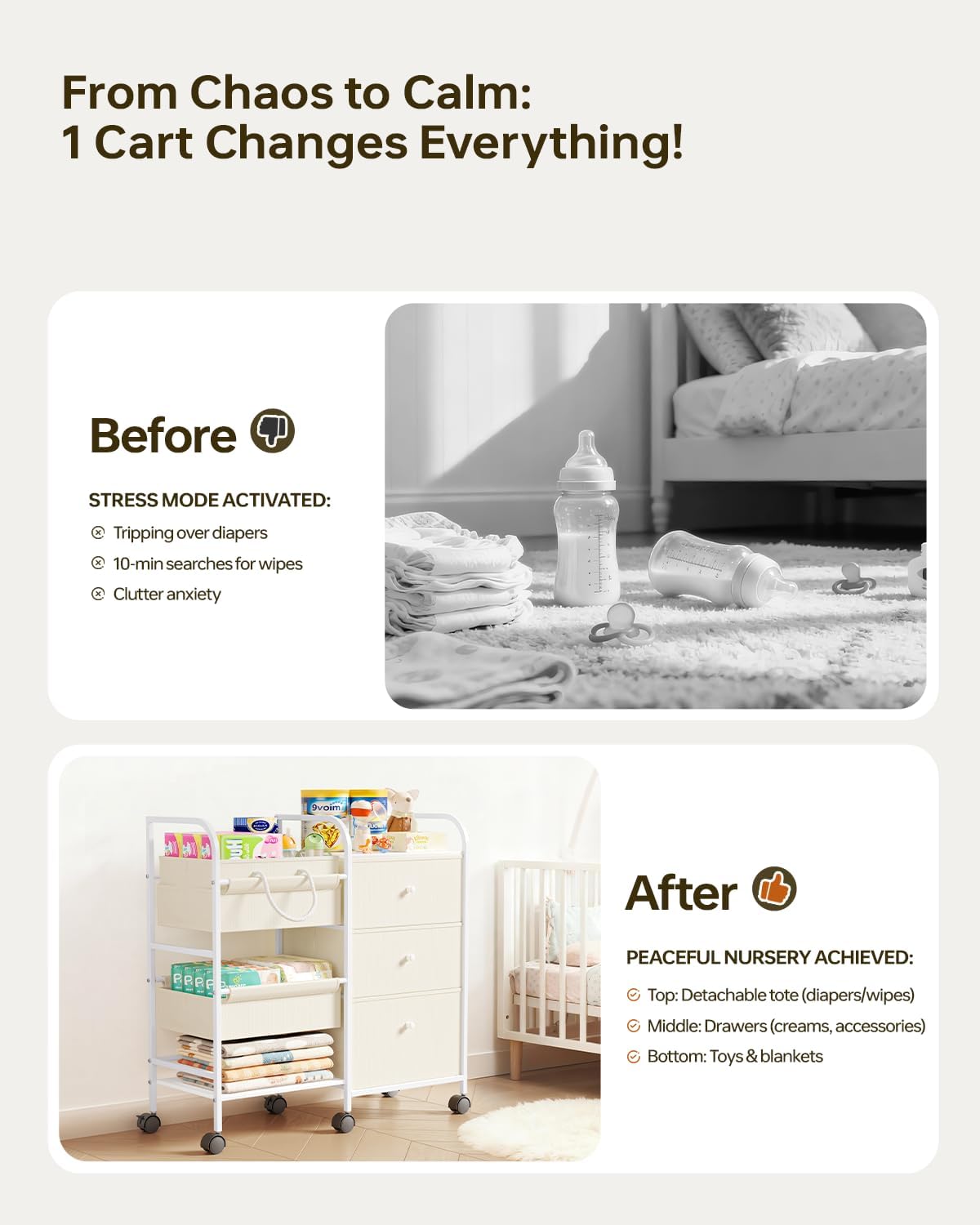 2in1 Baby Diaper Caddy Organizer and Storage Cart with Dividers and Drawers