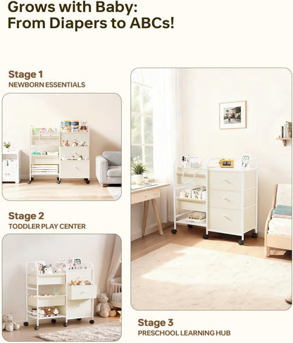 2in1 Baby Diaper Caddy Organizer and Storage Cart with Dividers and Drawers