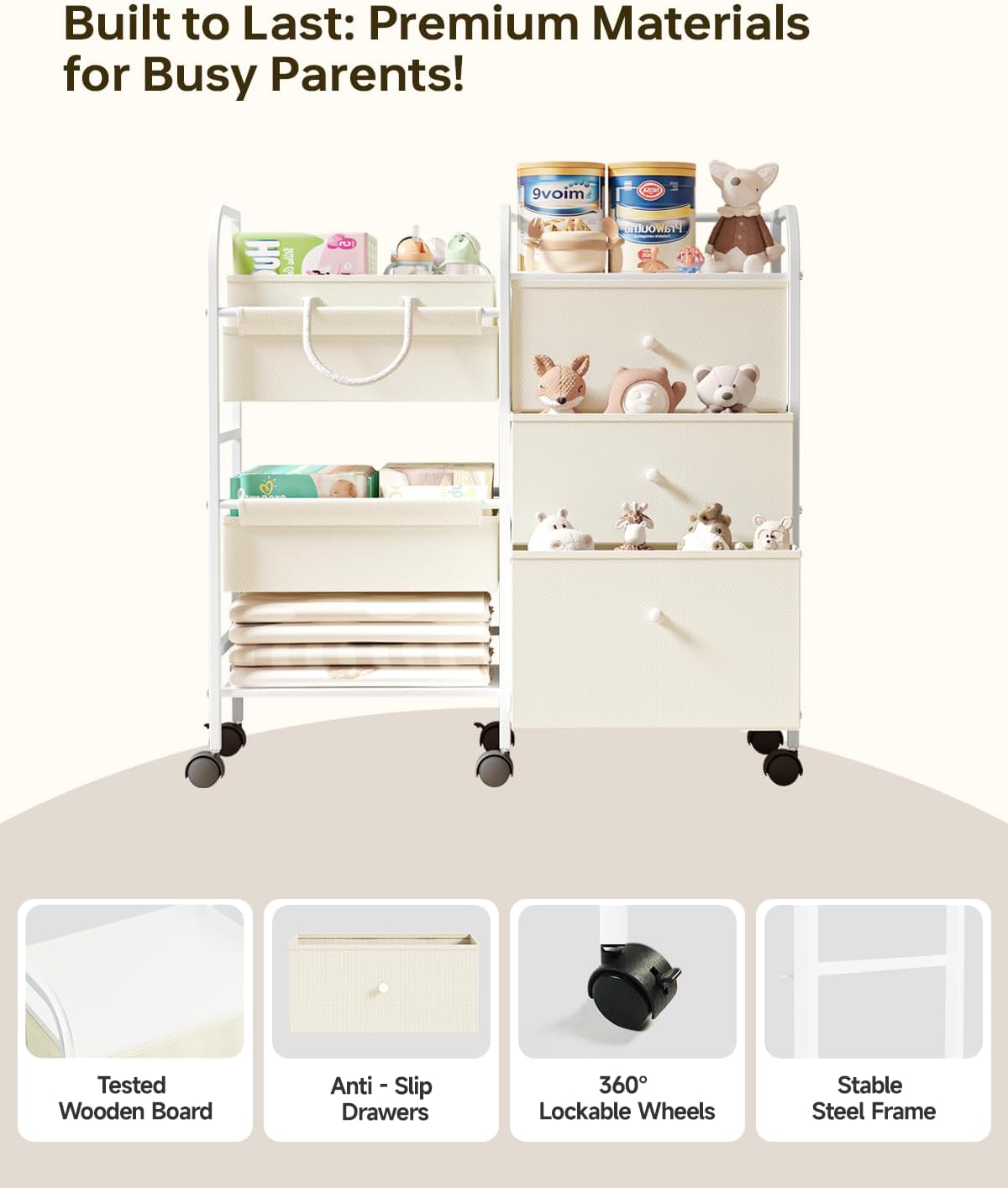 2in1 Baby Diaper Caddy Organizer and Storage Cart with Dividers and Drawers