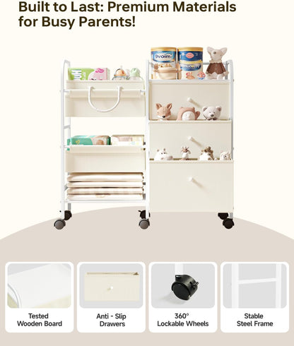 2in1 Baby Diaper Caddy Organizer and Storage Cart with Dividers and Drawers
