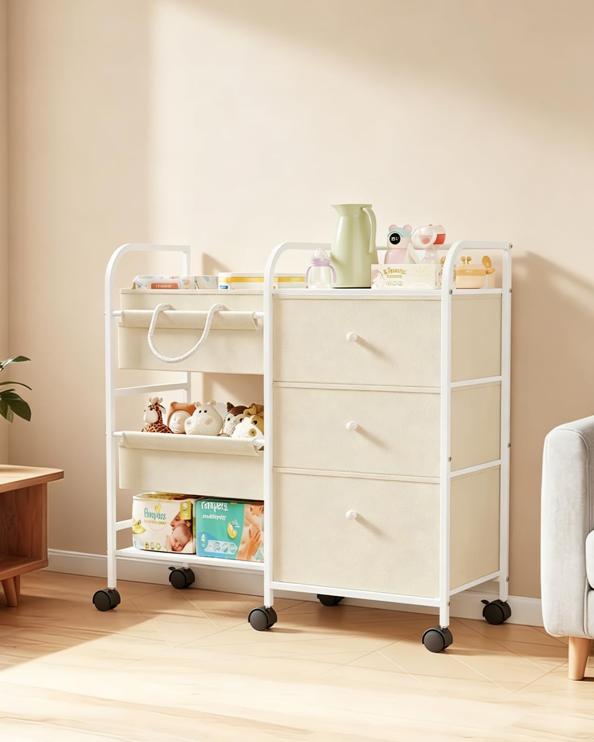 2in1 Baby Diaper Caddy Organizer and Storage Cart with Dividers and Drawers