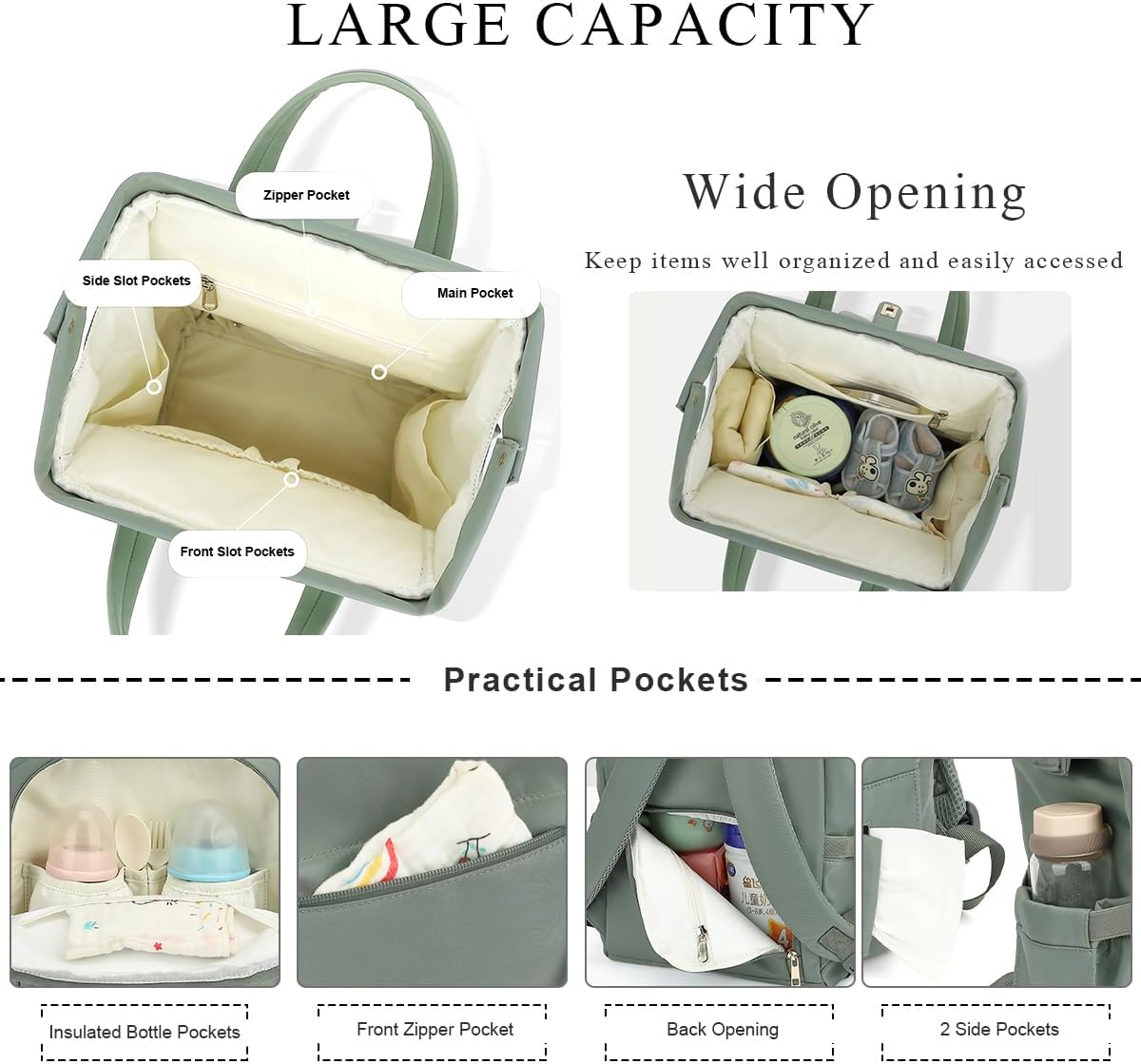 Stylish Casual Diaper Bag Backpack,Multifunctional Travel Nappy Changing Bag Mummy Bags with Insulated Pockets(Green)