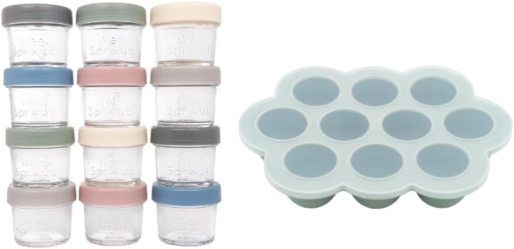 Baby Meal Prep Bundle - Glass Baby Food Storage Jars Containers with Plastic Lids & Silicone Freezer Tray - Microwave, Freezer & Dishwasher Safe - for Baby Food & Breast Milk