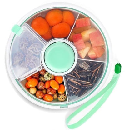 Portable Snack Spinner Bundle, Food Storage Container, Spinner Box with Rotating Storage, Reusable Kids Snack Container with 5 Compartment Dispenser and Lid, Spinner Box (Light Green)