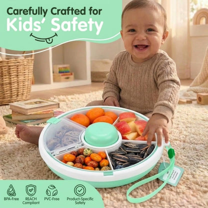 Portable Snack Spinner Bundle, Food Storage Container, Spinner Box with Rotating Storage, Reusable Kids Snack Container with 5 Compartment Dispenser and Lid, Spinner Box (Light Green)