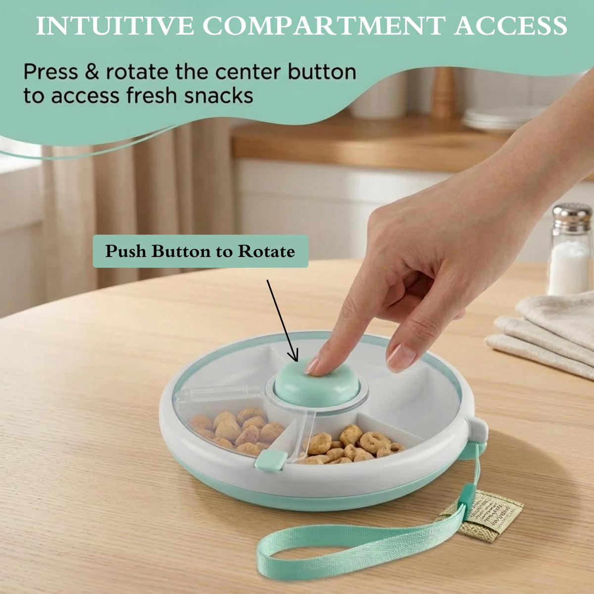 Portable Snack Spinner Bundle, Food Storage Container, Spinner Box with Rotating Storage, Reusable Kids Snack Container with 5 Compartment Dispenser and Lid, Spinner Box (Light Green)