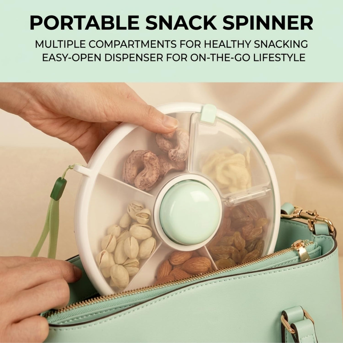 Portable Snack Spinner Bundle, Food Storage Container, Spinner Box with Rotating Storage, Reusable Kids Snack Container with 5 Compartment Dispenser and Lid, Spinner Box (Light Green)