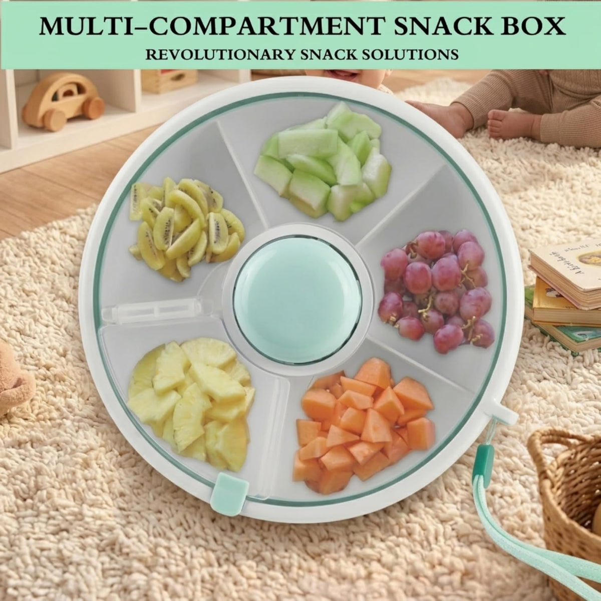 Portable Snack Spinner Bundle, Food Storage Container, Spinner Box with Rotating Storage, Reusable Kids Snack Container with 5 Compartment Dispenser and Lid, Spinner Box (Light Green)