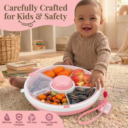 Portable Snack Spinner Bundle, Food Storage Container, Spinner Box with Rotating Storage, Reusable Kids Snack Container with 5 Compartment Dispenser and Lid, Spinner Box (Light Green)