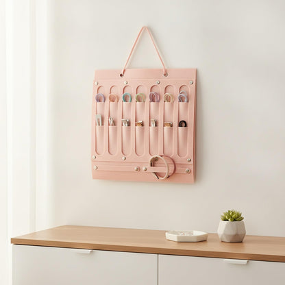 Pink Felt Hair Accessory Organizer, Wall-Mounted Vertical Storage Caddy for Clips & Ties, Space-Saving Door Hanger (13.8 x 15 in)