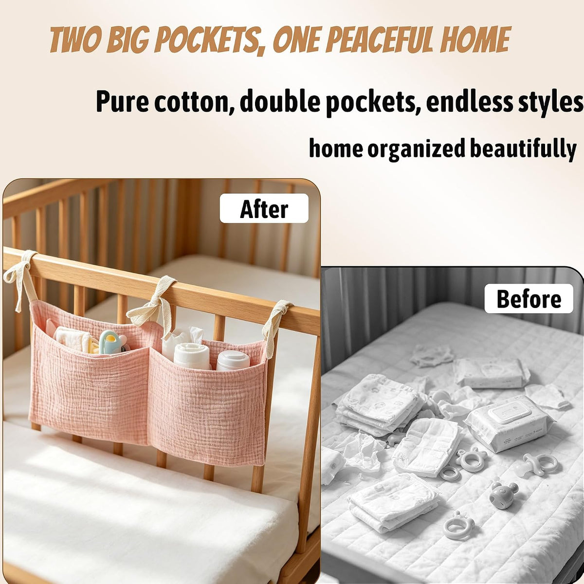 Bedside hanging bag for storing baby milk bottles and blankets - Baby diaper folding bed organizer bag - Gray