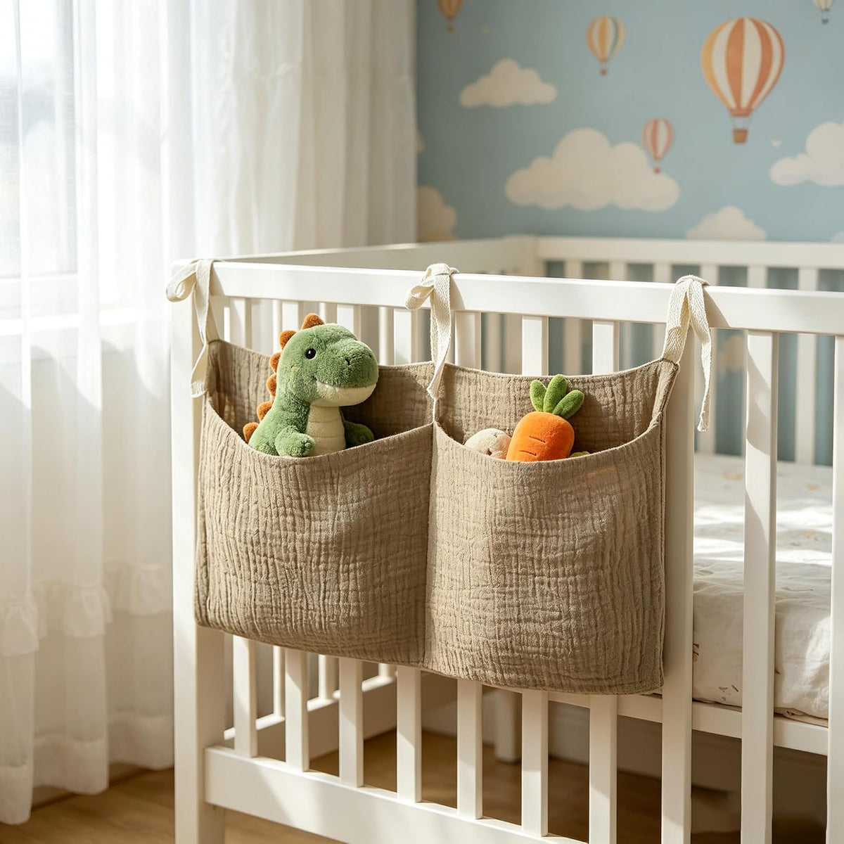 Bedside hanging bag for storing baby milk bottles and blankets - Baby diaper folding bed organizer bag - Gray