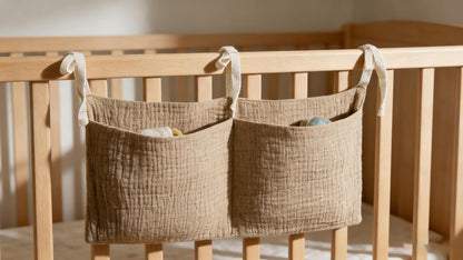 Bedside hanging bag for storing baby milk bottles and blankets - Baby diaper folding bed organizer bag - Gray