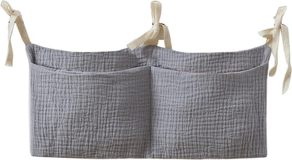 Bedside hanging bag for storing baby milk bottles and blankets - Baby diaper folding bed organizer bag - Gray