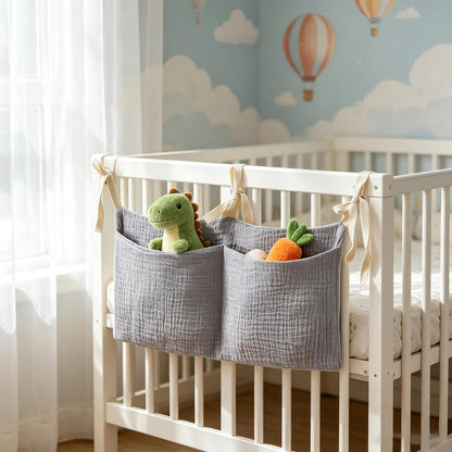Bedside hanging bag for storing baby milk bottles and blankets - Baby diaper folding bed organizer bag - Gray