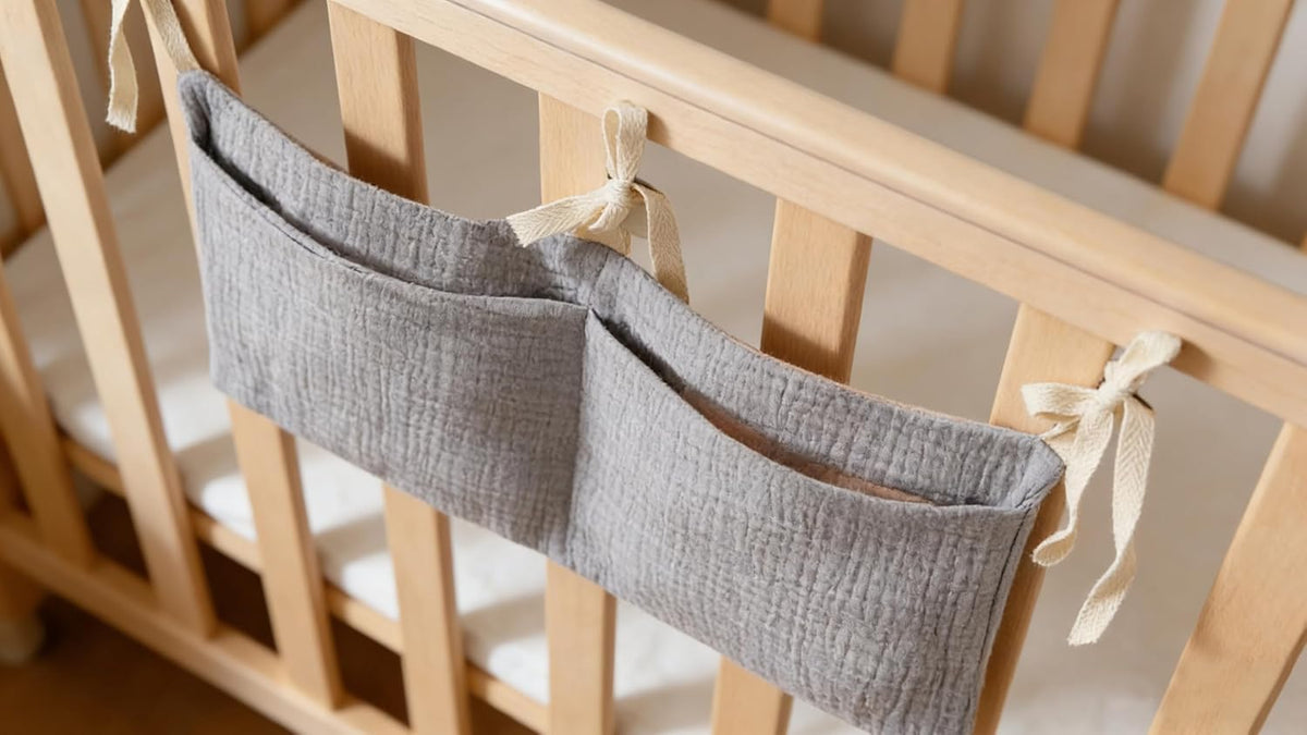 Bedside hanging bag for storing baby milk bottles and blankets - Baby diaper folding bed organizer bag - Gray