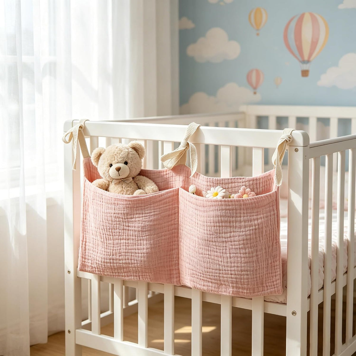Bedside hanging bag for storing baby milk bottles and blankets - Baby diaper folding bed organizer bag - Gray