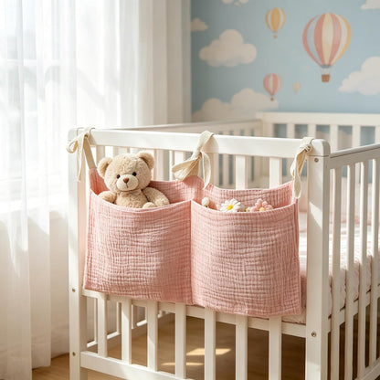 Bedside hanging bag for storing baby milk bottles and blankets - Baby diaper folding bed organizer bag - Gray