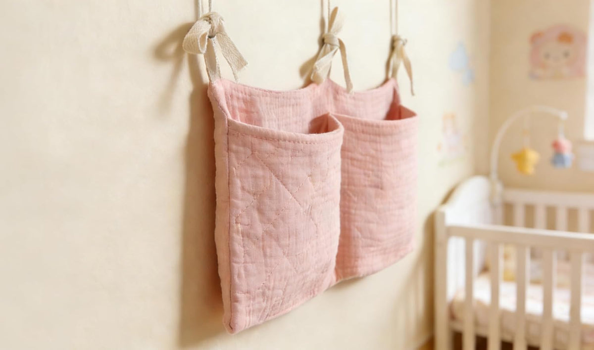 Bedside hanging bag for storing baby milk bottles and blankets - Baby diaper folding bed organizer bag - Gray