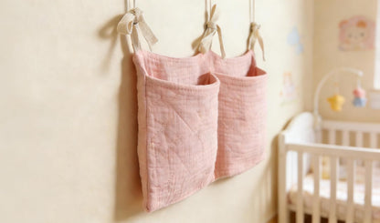 Bedside hanging bag for storing baby milk bottles and blankets - Baby diaper folding bed organizer bag - Gray