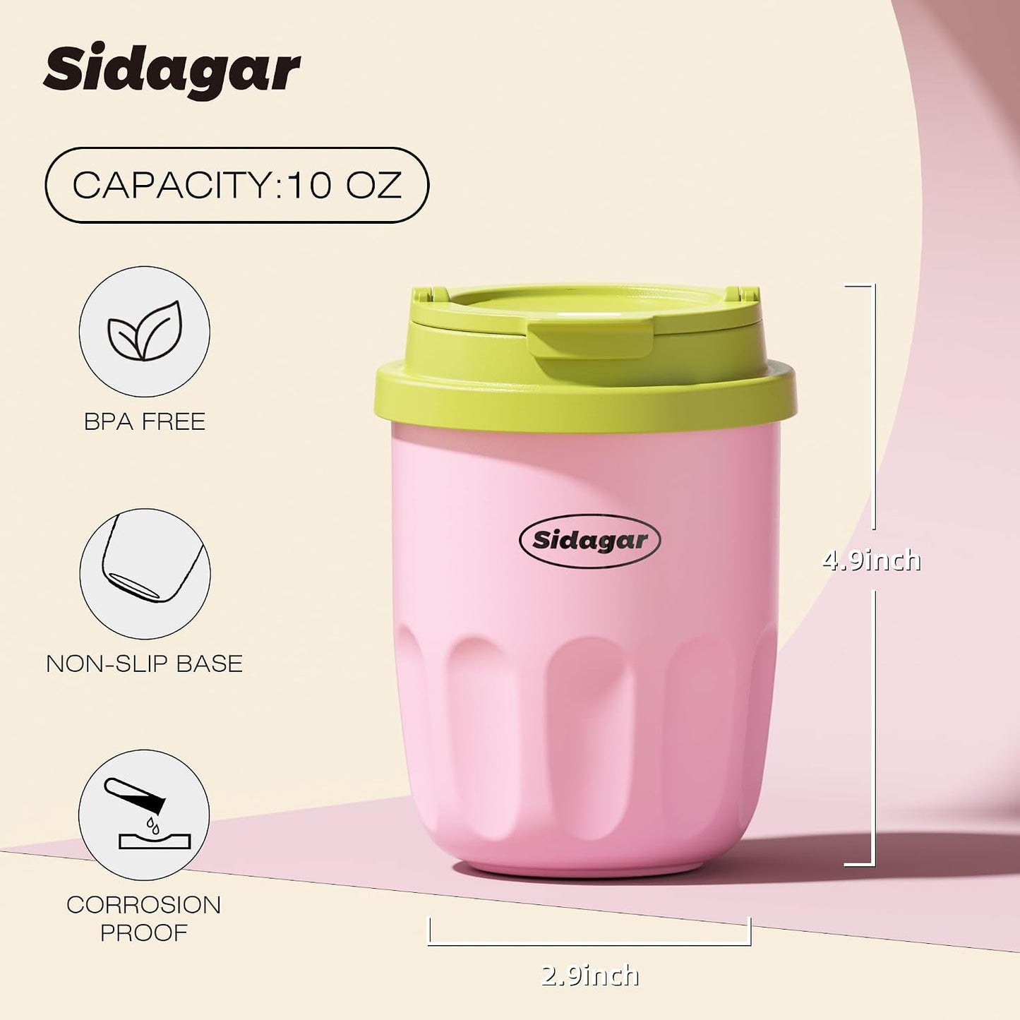 Coffee Mug 10 oz Ceramic Lined Tumbler, Double Wall Stainless Steel Cup with Lid, Mini Water Bottle, Vacuum Insulated Travel Mug for Home Office, Pink