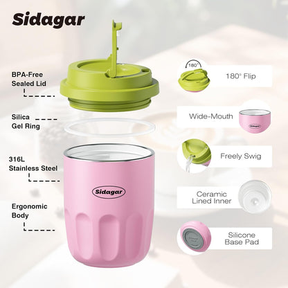 Coffee Mug 10 oz Ceramic Lined Tumbler, Double Wall Stainless Steel Cup with Lid, Mini Water Bottle, Vacuum Insulated Travel Mug for Home Office, Pink