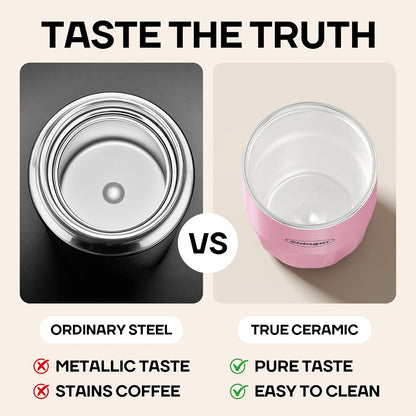 Coffee Mug 10 oz Ceramic Lined Tumbler, Double Wall Stainless Steel Cup with Lid, Mini Water Bottle, Vacuum Insulated Travel Mug for Home Office, Pink