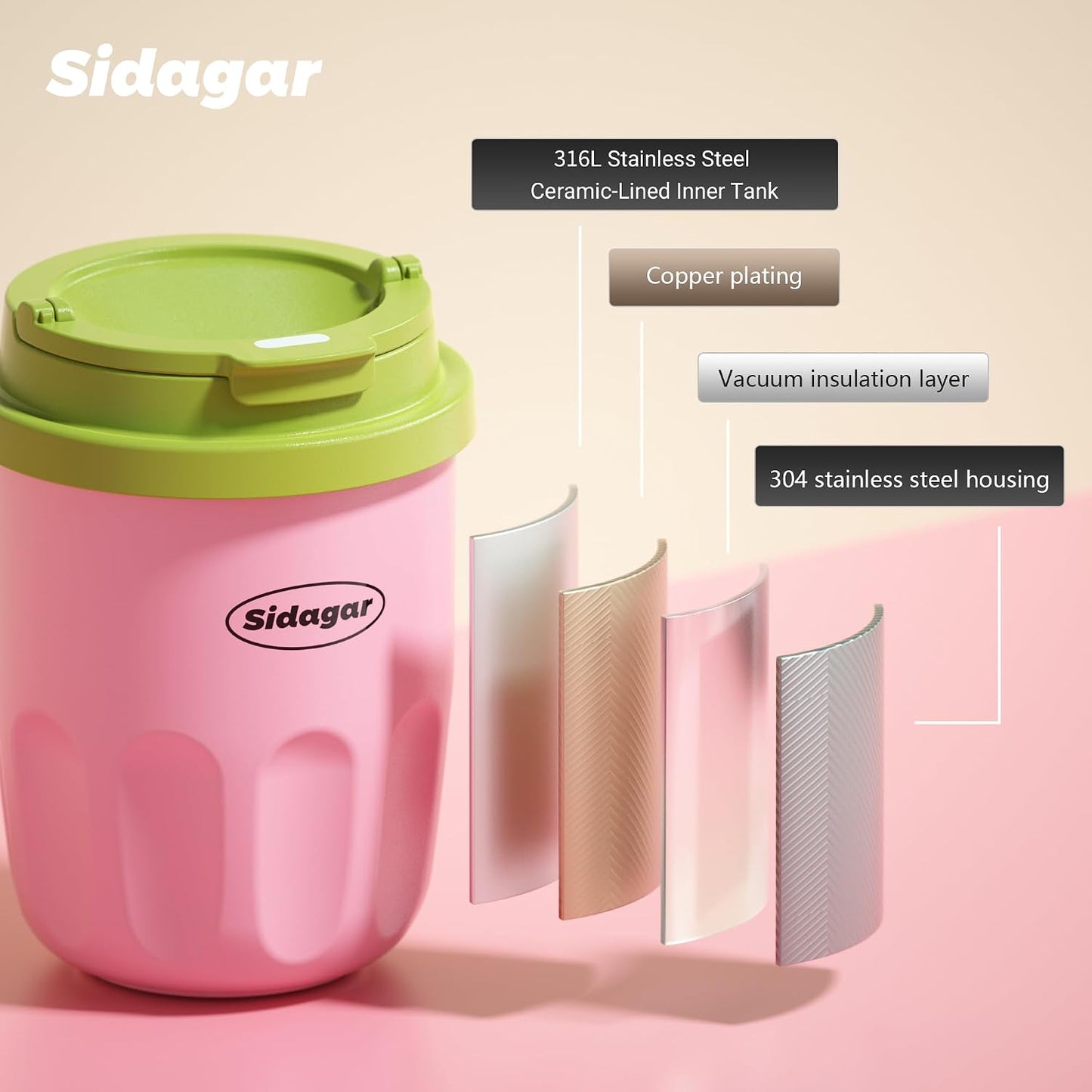 Coffee Mug 10 oz Ceramic Lined Tumbler, Double Wall Stainless Steel Cup with Lid, Mini Water Bottle, Vacuum Insulated Travel Mug for Home Office, Pink