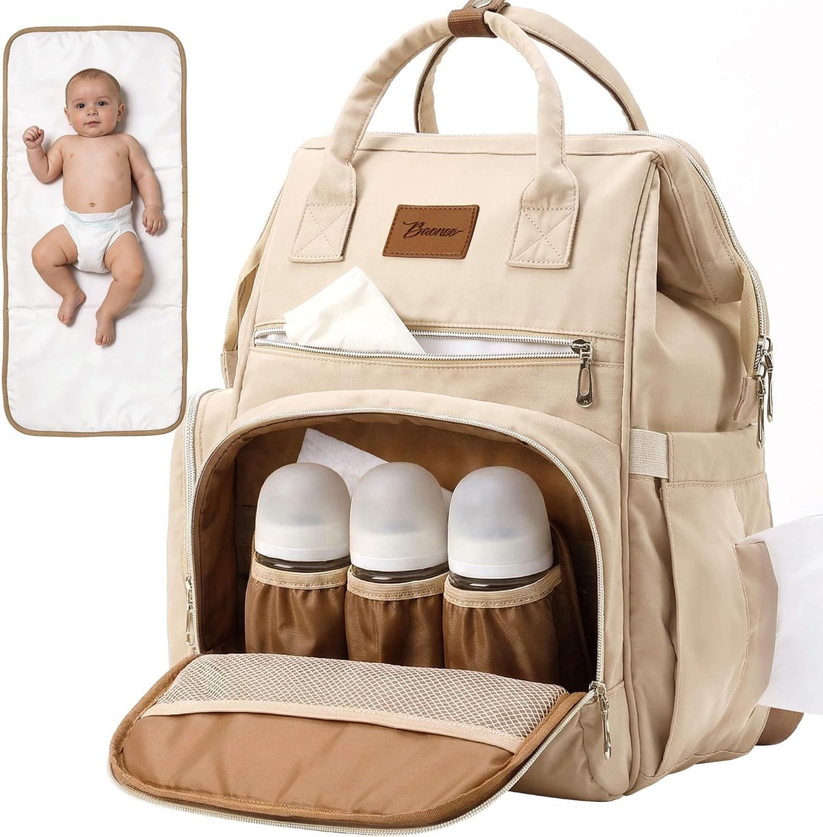 Diaper Bag Backpack with Wet/Dry Pocket, Changing Pad, 27L Beige
