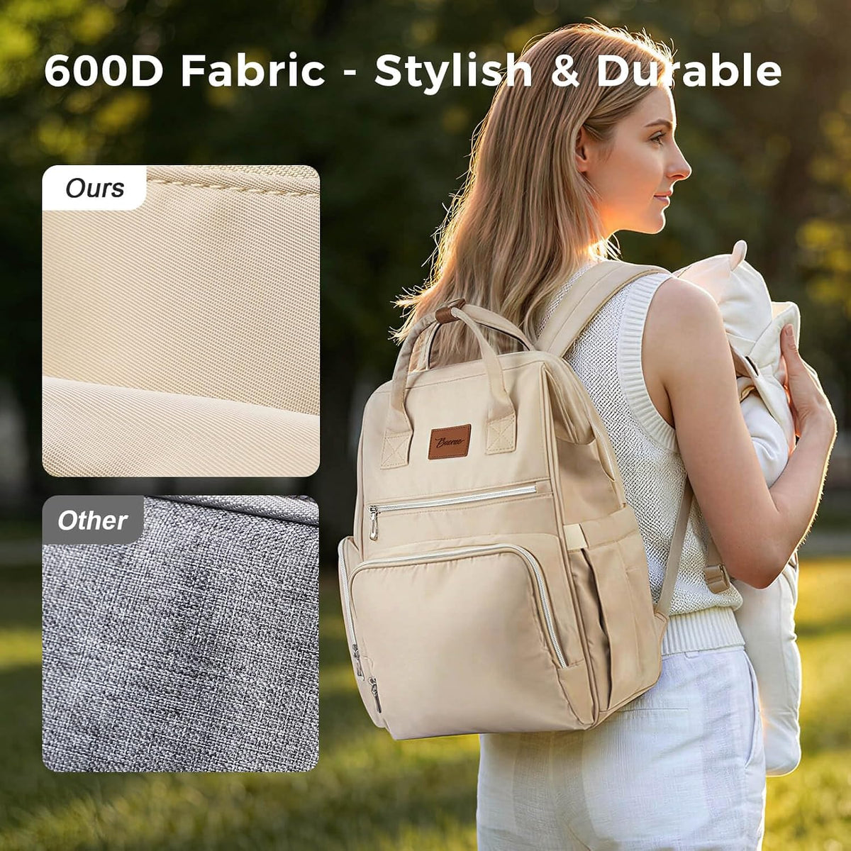 Diaper Bag Backpack with Wet/Dry Pocket, Changing Pad, 27L Beige
