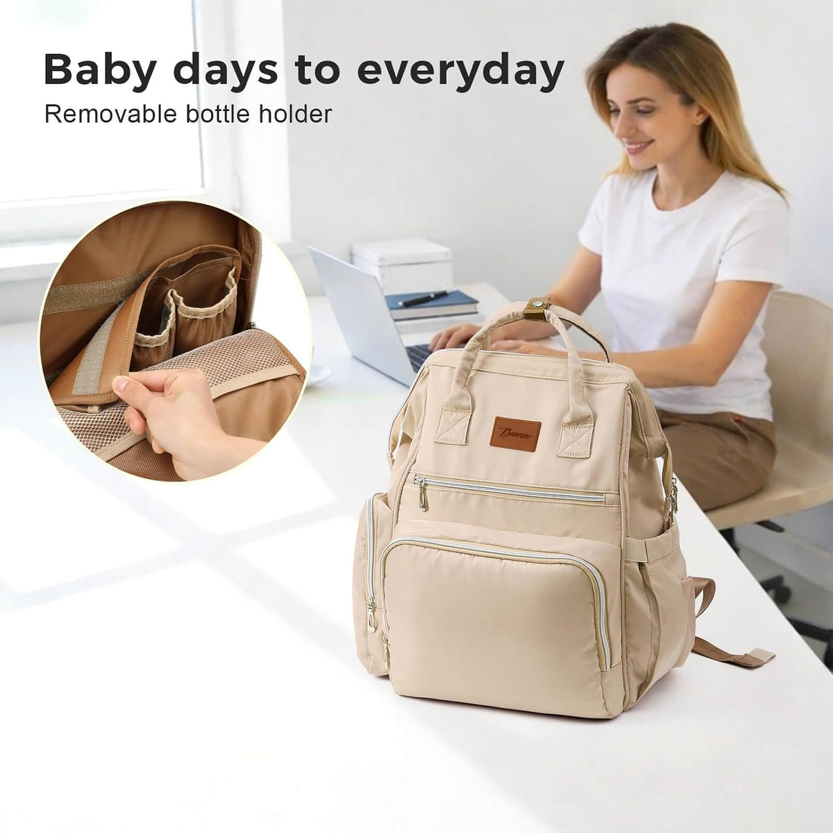 Diaper Bag Backpack with Wet/Dry Pocket, Changing Pad, 27L Beige
