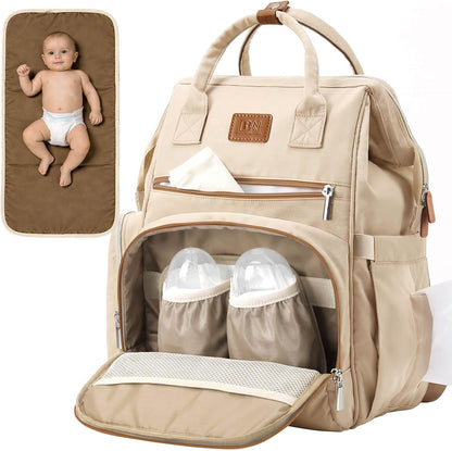 Diaper Bag Backpack with Wet/Dry Pocket, Changing Pad, 27L Beige