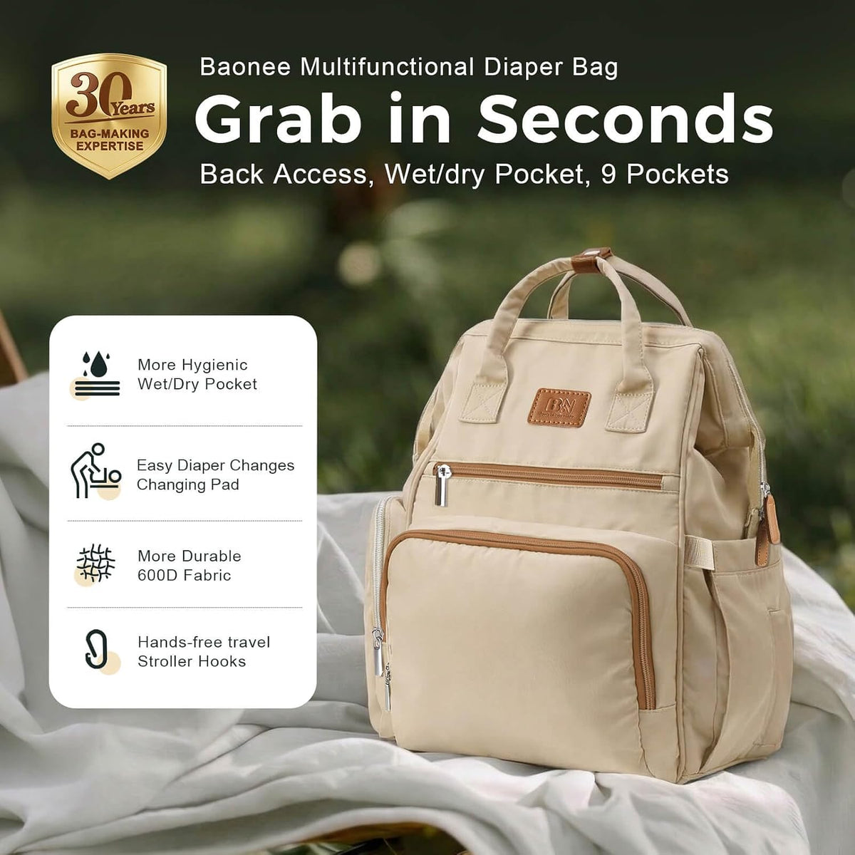Diaper Bag Backpack with Wet/Dry Pocket, Changing Pad, 27L Beige