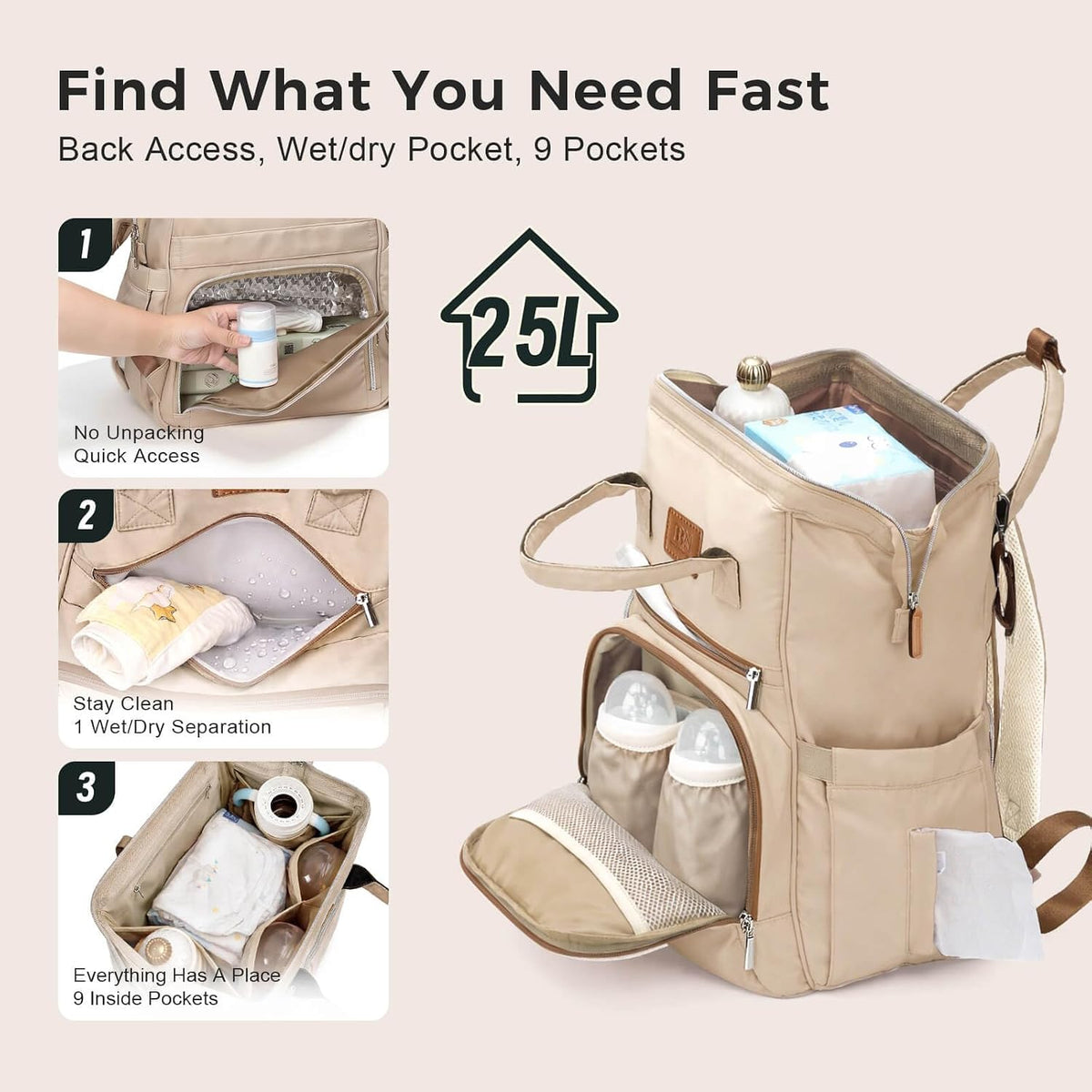 Diaper Bag Backpack with Wet/Dry Pocket, Changing Pad, 27L Beige