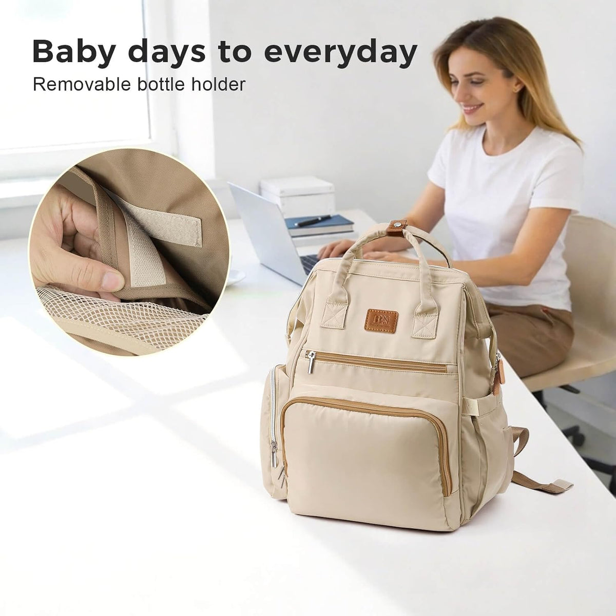 Diaper Bag Backpack with Wet/Dry Pocket, Changing Pad, 27L Beige