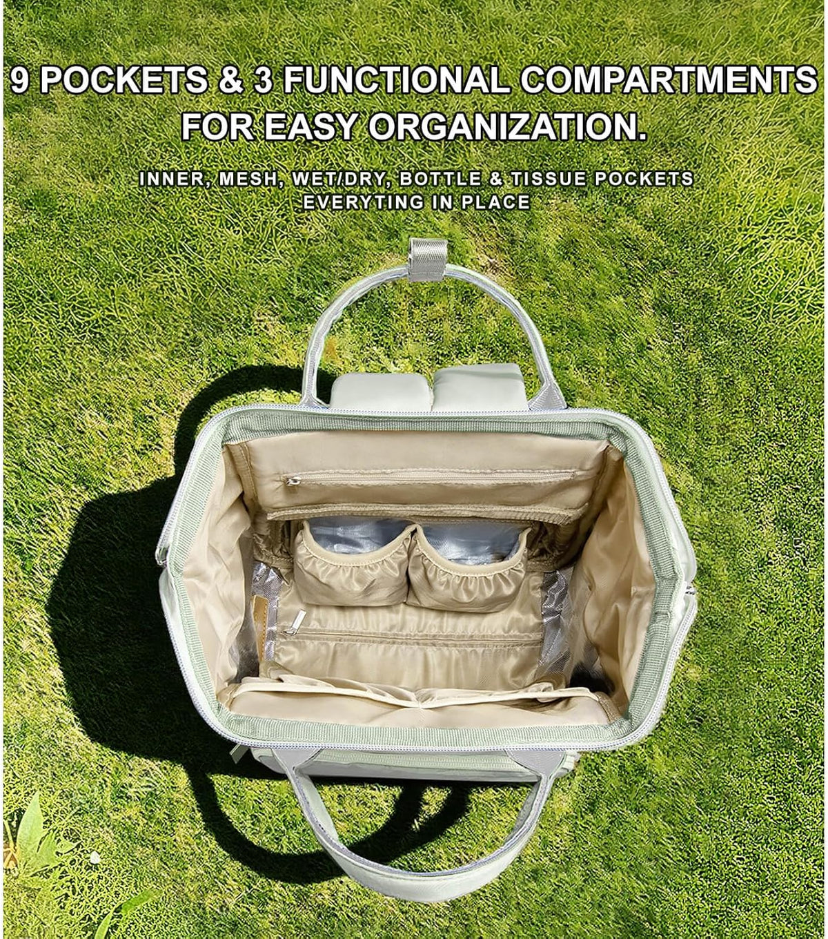 Diaper Bag Backpack with Wet/Dry Pocket, Changing Pad, 27L Beige