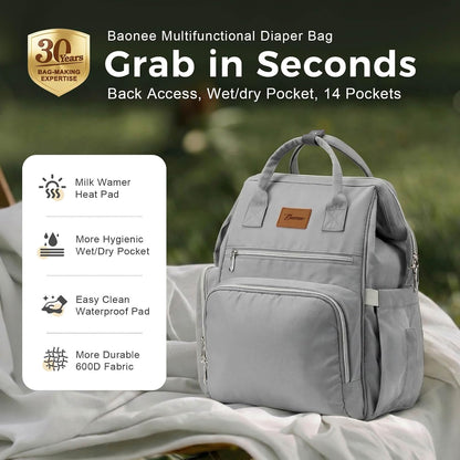 Diaper Bag Backpack with Wet/Dry Pocket, Changing Pad, 27L Beige