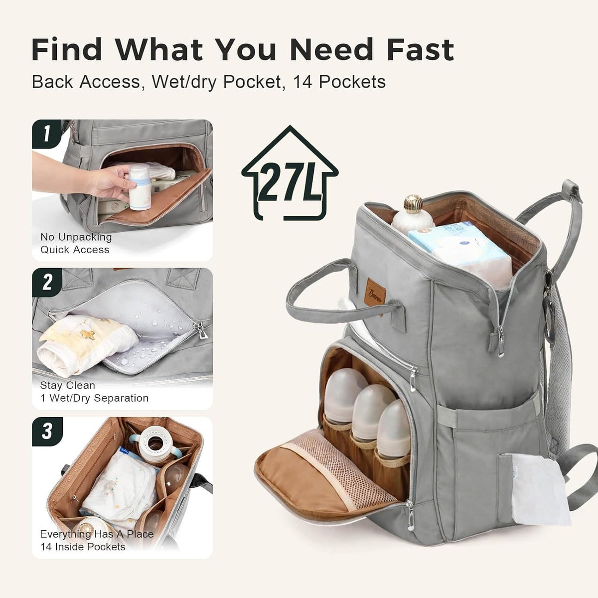 Diaper Bag Backpack with Wet/Dry Pocket, Changing Pad, 27L Beige