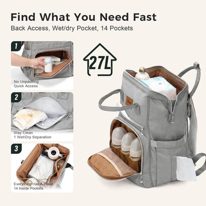 Diaper Bag Backpack with Wet/Dry Pocket, Changing Pad, 27L Beige