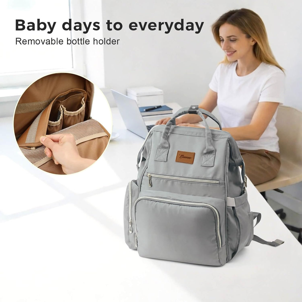 Diaper Bag Backpack with Wet/Dry Pocket, Changing Pad, 27L Beige