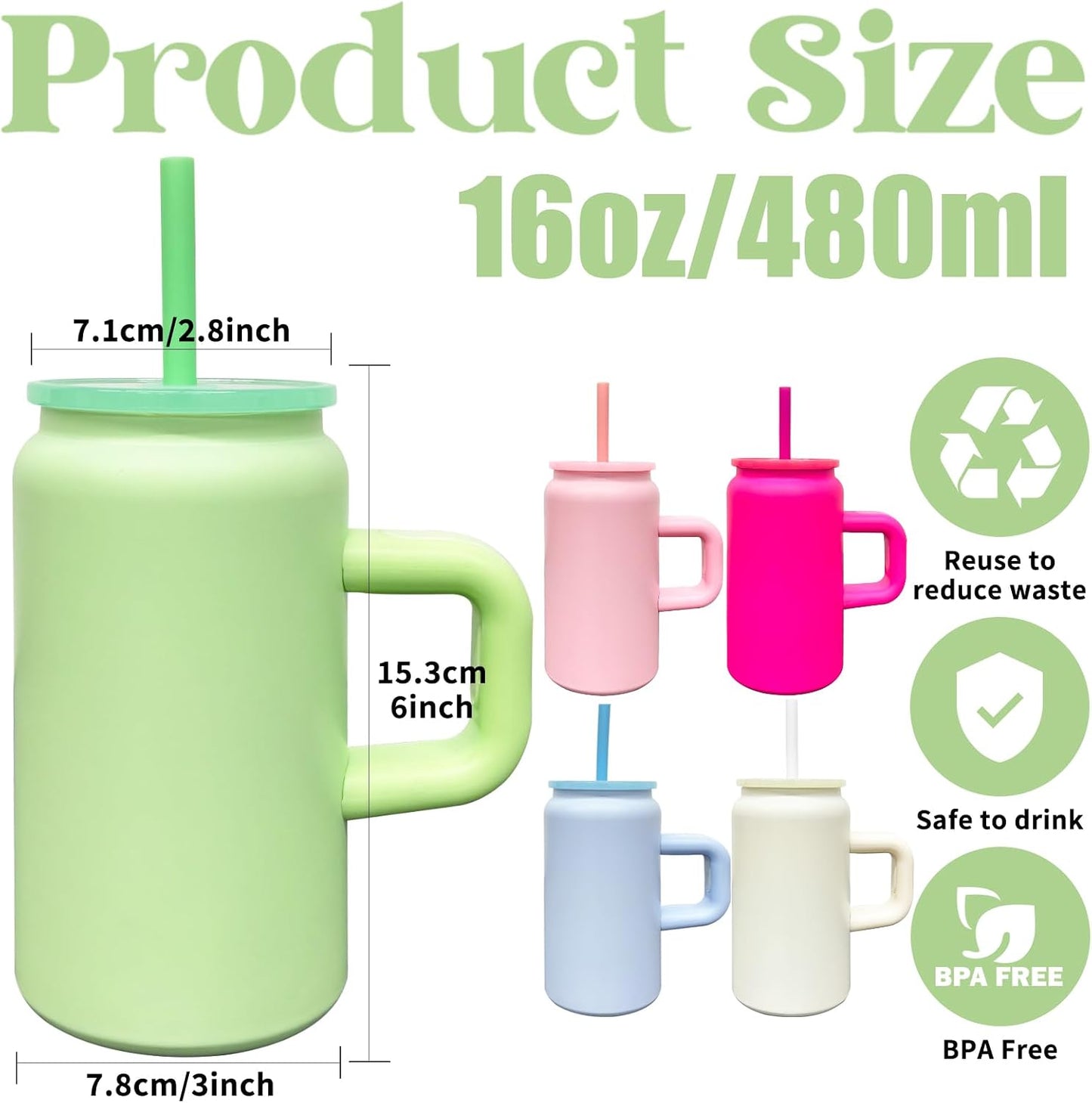 16 oz Stainless Steel Tumbler with Handle and Straw Green,8 pack | Double Wall Vacuum Insulated Tumblers with Lids,Iced Coffee Cups
