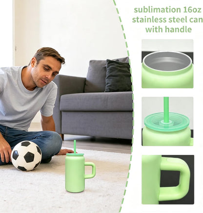 16 oz Stainless Steel Tumbler with Handle and Straw Green,8 pack | Double Wall Vacuum Insulated Tumblers with Lids,Iced Coffee Cups