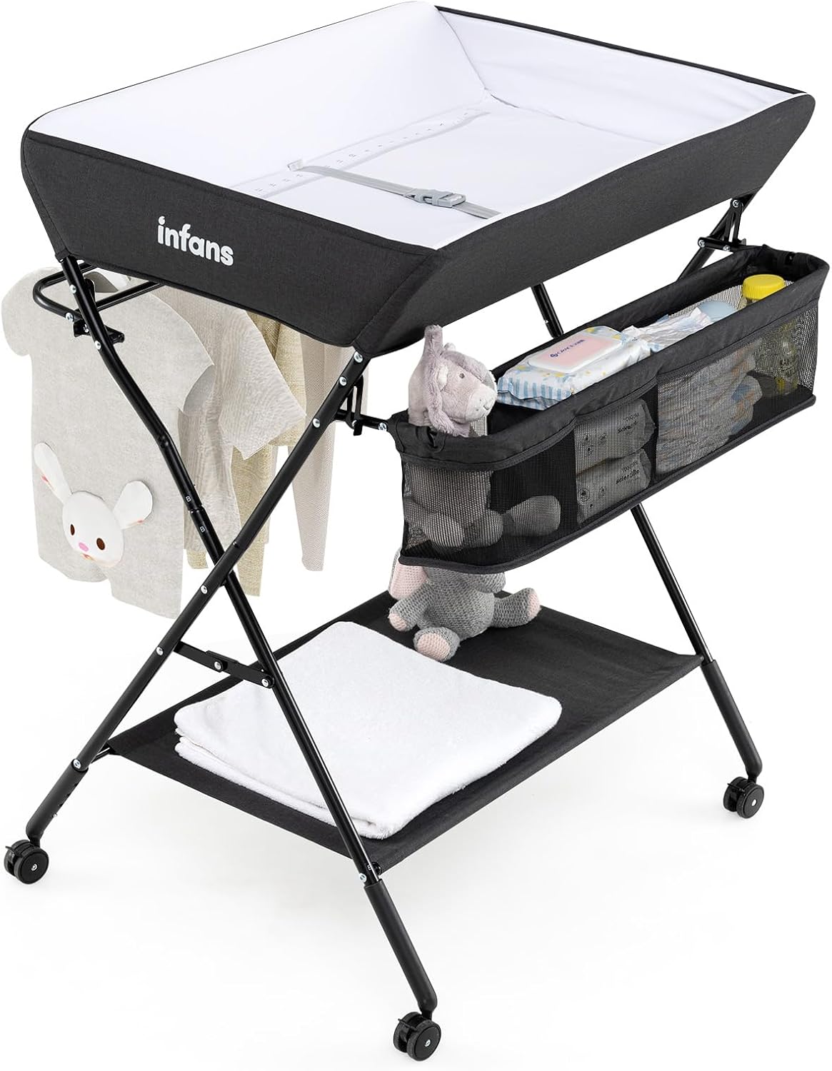 Baby Changing Table with Wheels, Portable Folding Diaper Station Nursery Organizer with Storage Basket, Hanging Rack, Adjustable Height, Safety Belt for Newborn Infant (Gray)