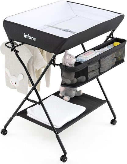 Baby Changing Table with Wheels, Portable Folding Diaper Station Nursery Organizer with Storage Basket, Hanging Rack, Adjustable Height, Safety Belt for Newborn Infant (Gray)