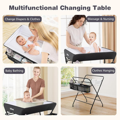 Baby Changing Table with Wheels, Portable Folding Diaper Station Nursery Organizer with Storage Basket, Hanging Rack, Adjustable Height, Safety Belt for Newborn Infant (Gray)