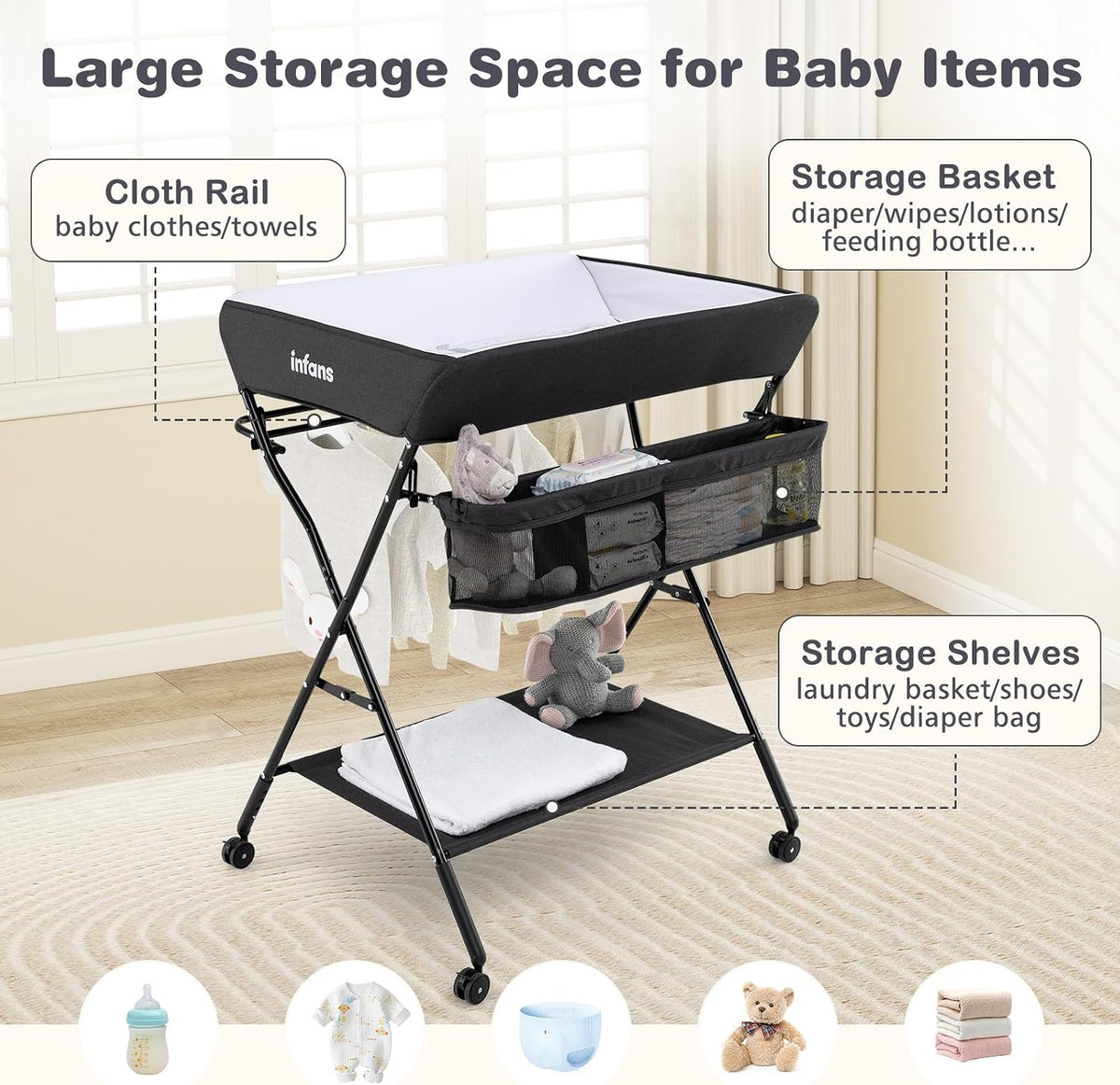 Baby Changing Table with Wheels, Portable Folding Diaper Station Nursery Organizer with Storage Basket, Hanging Rack, Adjustable Height, Safety Belt for Newborn Infant (Gray)